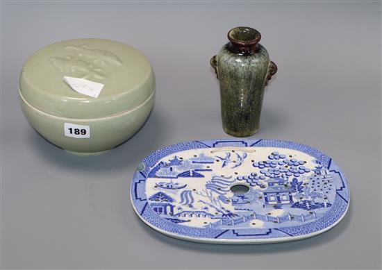 A Chinese celadon glazed lidded box and a vase bowl height 12cm